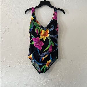 Floral V-Neck One-Piece Swimsuit in Black with Multi-Color Print